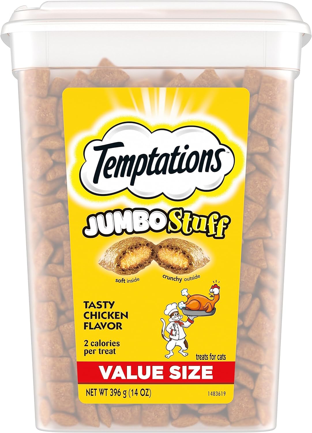 TEMPTATIONS Jumbo Stuff Crunchy and Soft Cat Treats, Tasty Chicken Flavor, 14 oz. Tub, (Pack of 1)