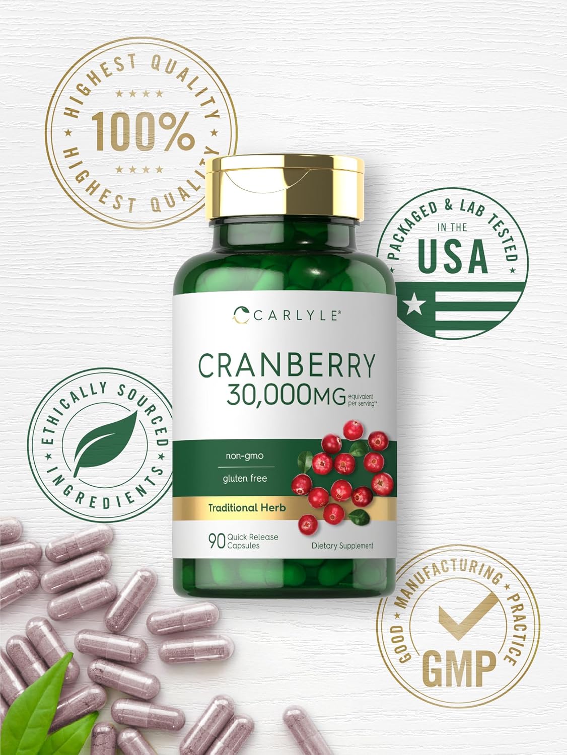 Carlyle Cranberry Supplement | 30,000mg | 90 Capsules | Non-GMO and Gluten Free Formula | Cranberry Pills from Concentrate Extract : Health & Household