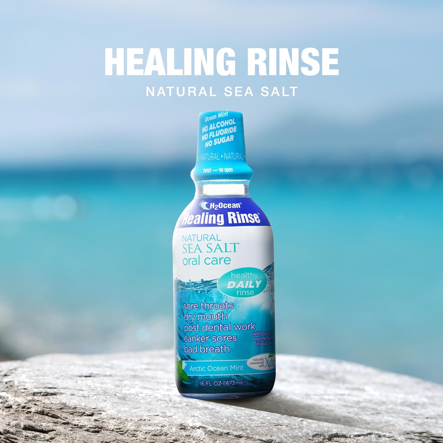 H2Ocean Healing Rinse Natural Sea Salt Oral Care - Mouth Rinse for Oral Care - Great for Piercings, Sore Throats & Gum Health - Alcohol- & Fluoride-Free Mouthwash - Arctic Ocean Mint, 16 oz : Xylitol Mouthwash : Health & Household