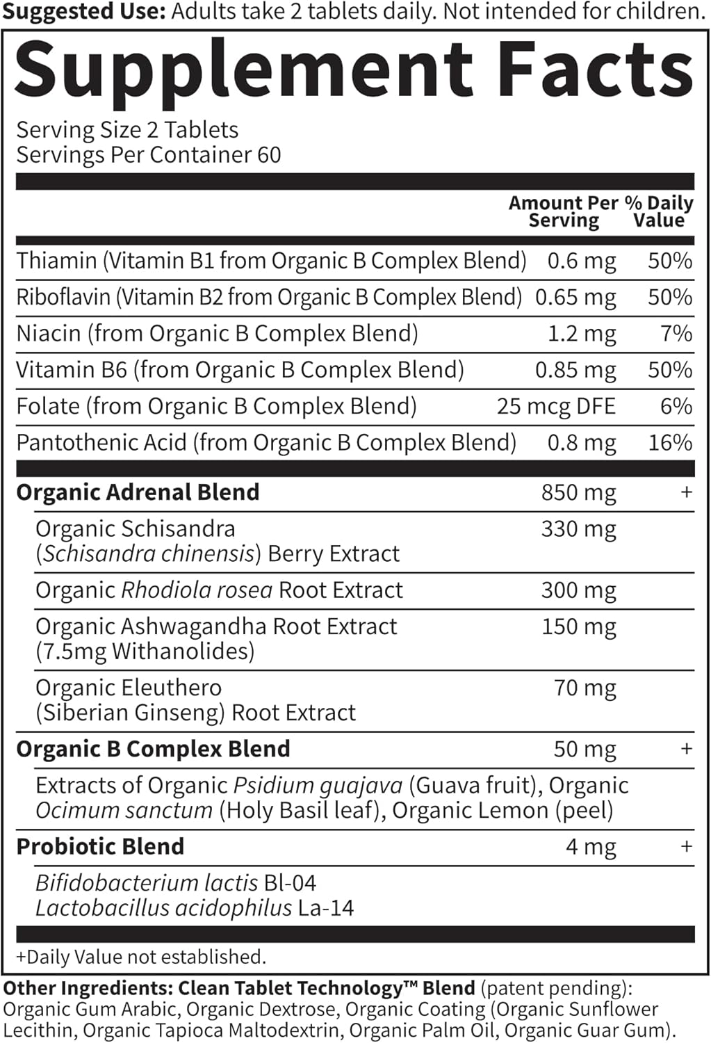 Garden of Life Organics Adrenal Daily Balance, Adaptogenic Herbs Ashwagandha, Holy Basil, B Complex & Probiotics, Organic Non-GMO, Vegan, Gluten Free Supplement, Two Month Supply, 120 Tablets : Health & Household