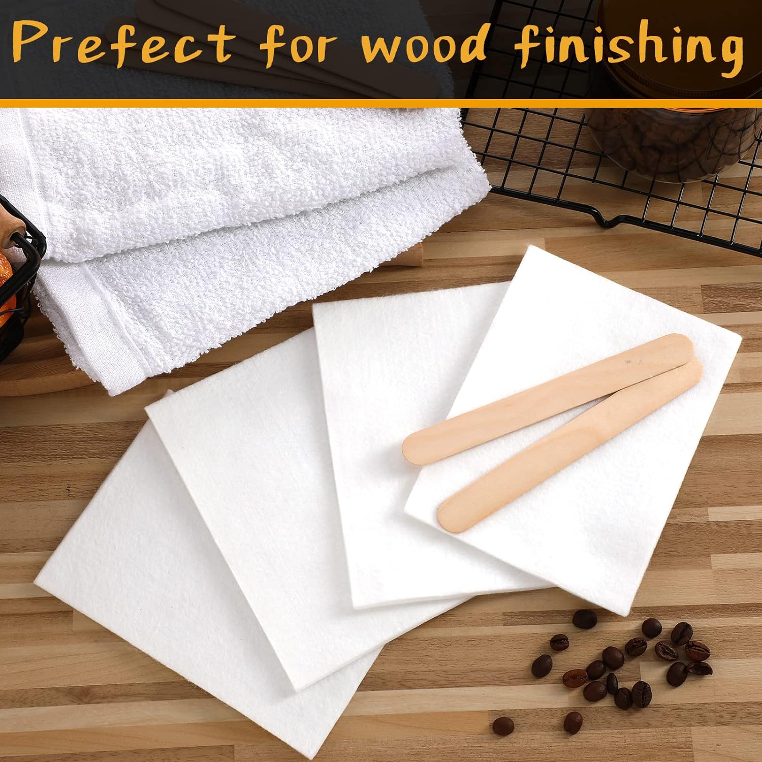 27 Pieces Wood Wax Applicator, Includes 15 White Non-Woven Pads 2 Terry Cloth Buffing Towels and 10 Stirring Sticks for Polishing Cutting Board and Multi Purpose Use in Home : Health & Household