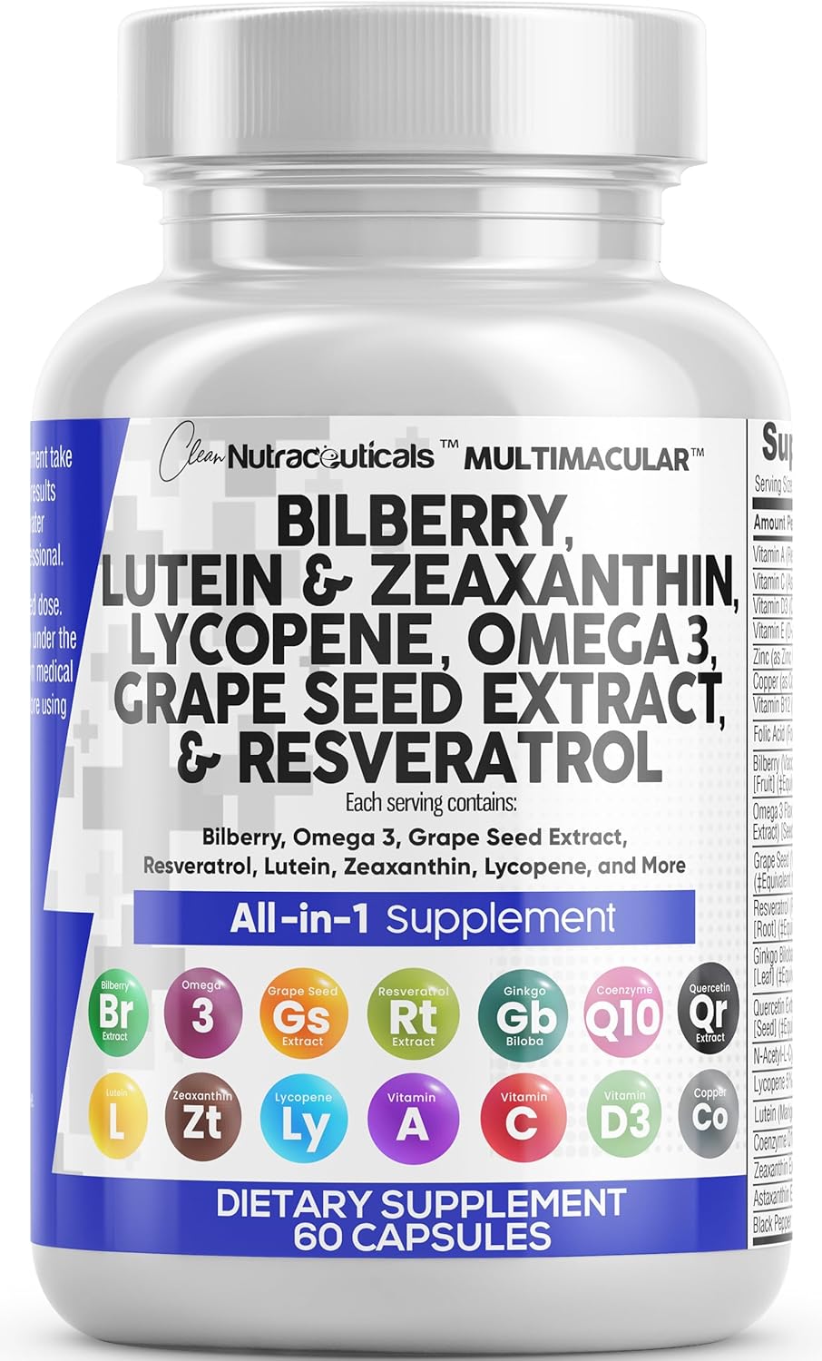 Eye Health Vitamins With Bilberry 6000Mg Lutein & Zeaxanthin 40Mg Lycopene 40Mg Resveratrol 3000Mg Grape Seed Extract 6000Mg Omega 3 4000Mg Astaxanthin - Eye Vitamin - 60 Capsules