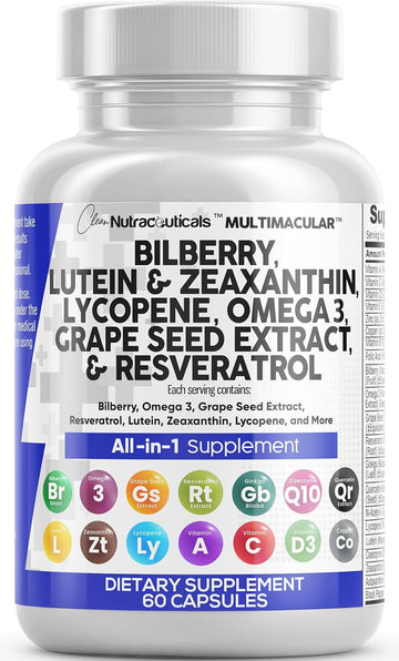 Eye Health Vitamins With Bilberry 6000Mg Lutein & Zeaxanthin 40Mg Lycopene 40Mg Resveratrol 3000Mg Grape Seed Extract 6000Mg Omega 3 4000Mg Astaxanthin - Eye Vitamin - 60 Capsules