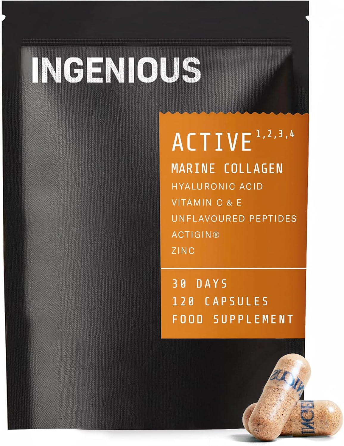 Ingenious Marine Collagen Active Aids Muscle Repair & Increased Endurance Hydrolysed Collagen Peptides Hyaluronic Acid Collagen Supplement Performance Enhancing Supplement - 30 Day Supply