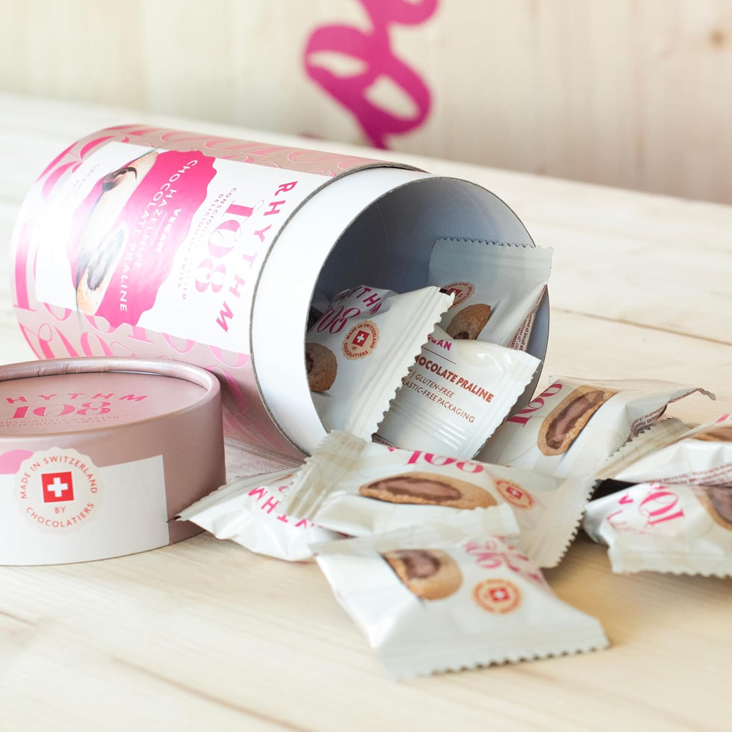 Rhythm 108 Swiss Vegan Hazelnut Chocolate Praline Biscuit Gift Tube 195g : Amazon.co.uk: Grocery