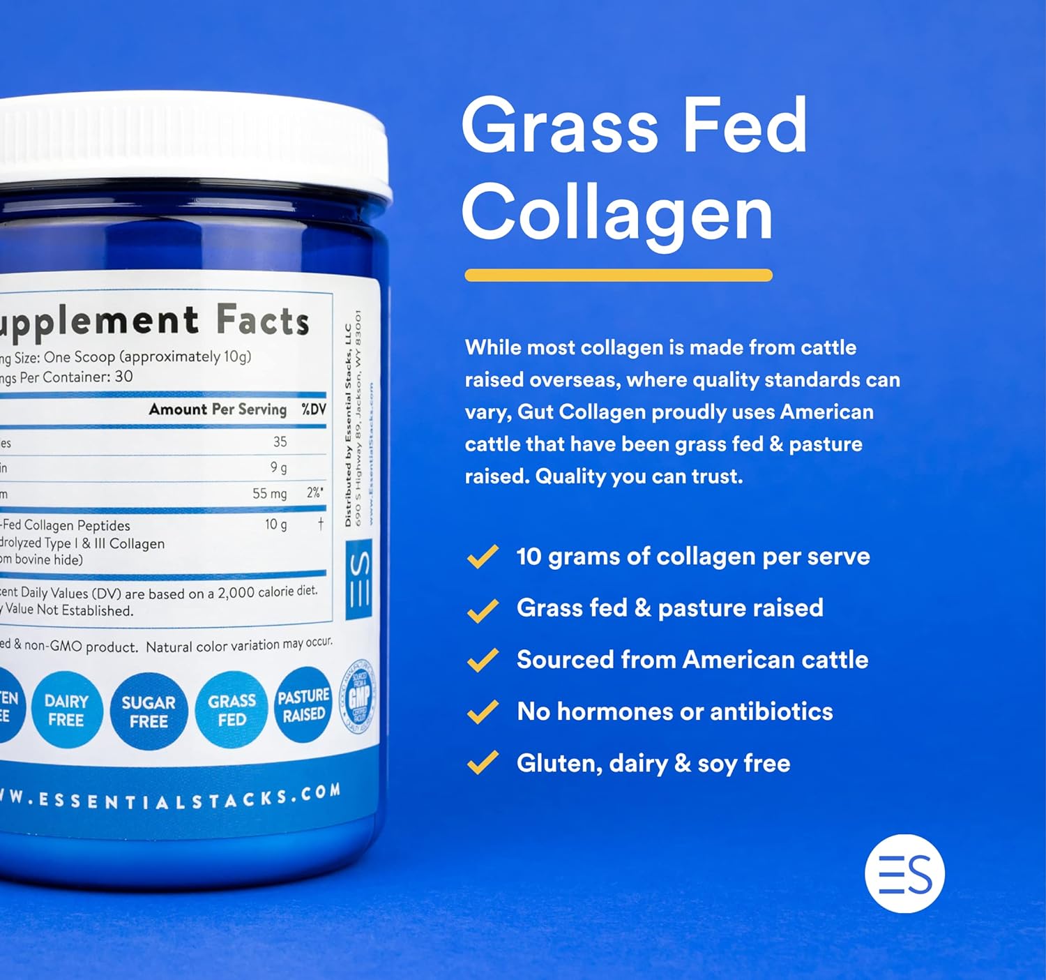 Essential Stacks Collagen Peptides Powder (from Grass Fed American Cattle) - Gluten, Dairy & Soy Free - Unflavored Hydrolyzed Collagen Supplement (10.6 oz) : Health & Household