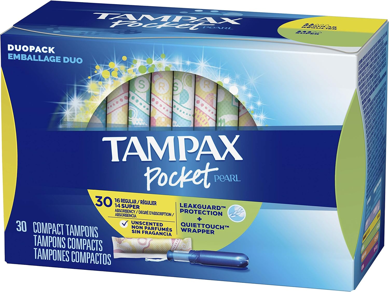 Tampax Pocket Pearl Plastic Tampons, Duopack (Regular/Super Absorbency), Unscented, 30 Count (Packaging May Vary)