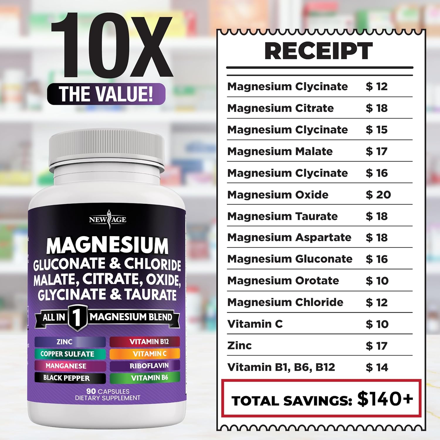 New Age Magnesium Supplement -Powerful Glycinate Citrate Malate Oxide Taurate Aspartate Gluconate Orotate & Mag Chloride Manganese Bone Health And Bone Strength, Joint Support - 90 Count