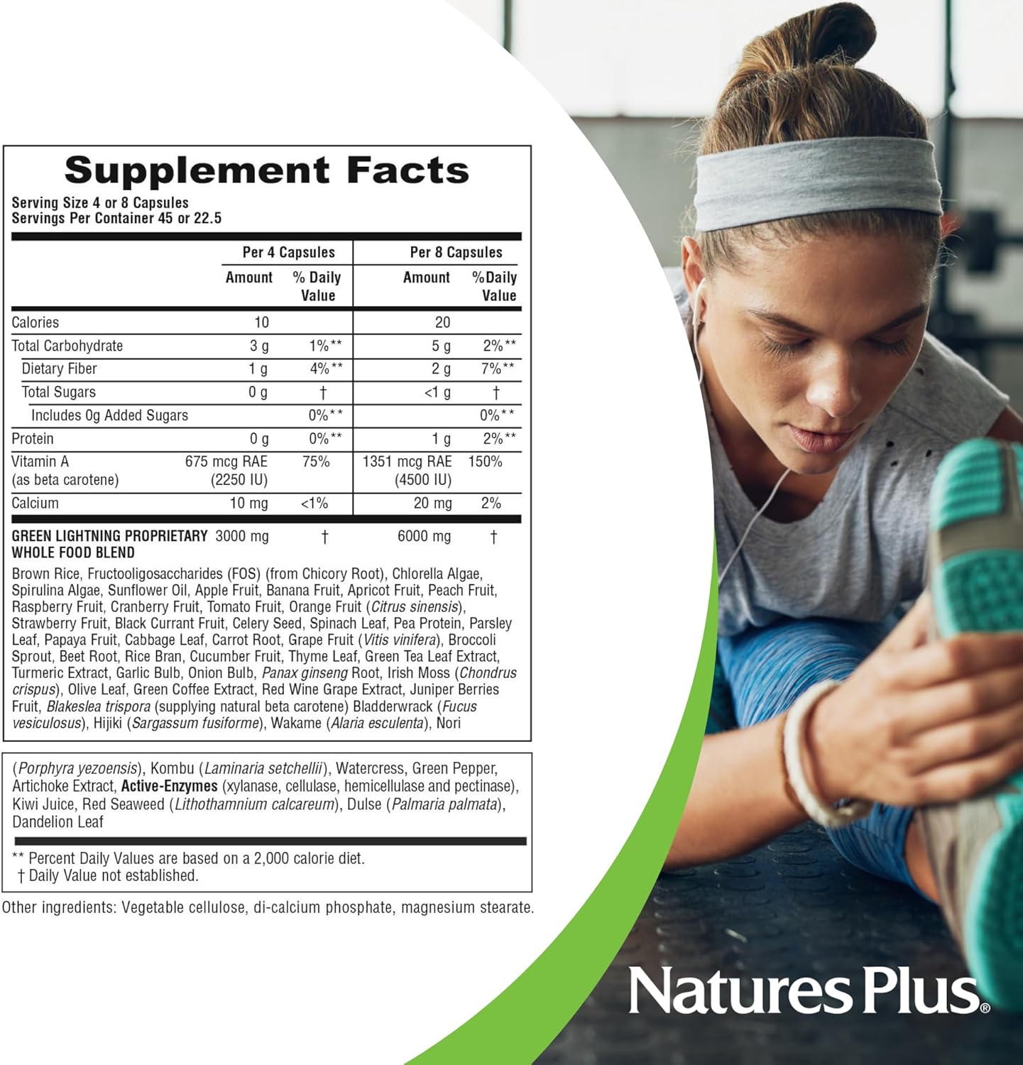 Natures Plus Source Of Life Green Lightning - 180 Vegetarian Capsules - All Natural High Energy Whole Food Supplement - Green Superfoods & Digestive Enzymes - 45 Servings