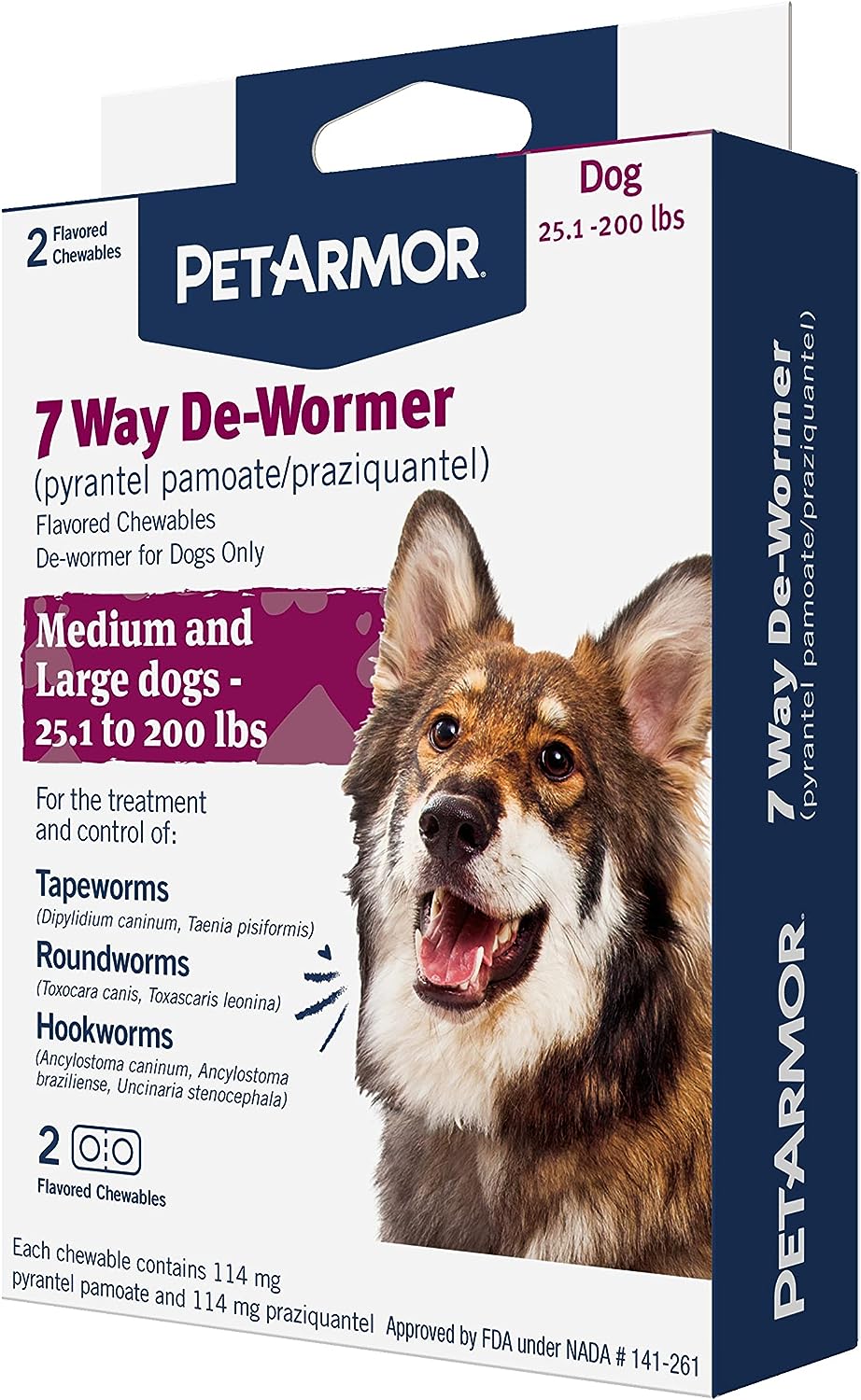 PetArmor 7 Way De-Wormer for Dogs, Oral Treatment for Tapeworm, Roundworm & Hookworm in Large Dogs & Puppies (Over 25 lbs), Worm Remover (Praziquantel & Pyrantel Pamoate), 2 Flavored Chewables