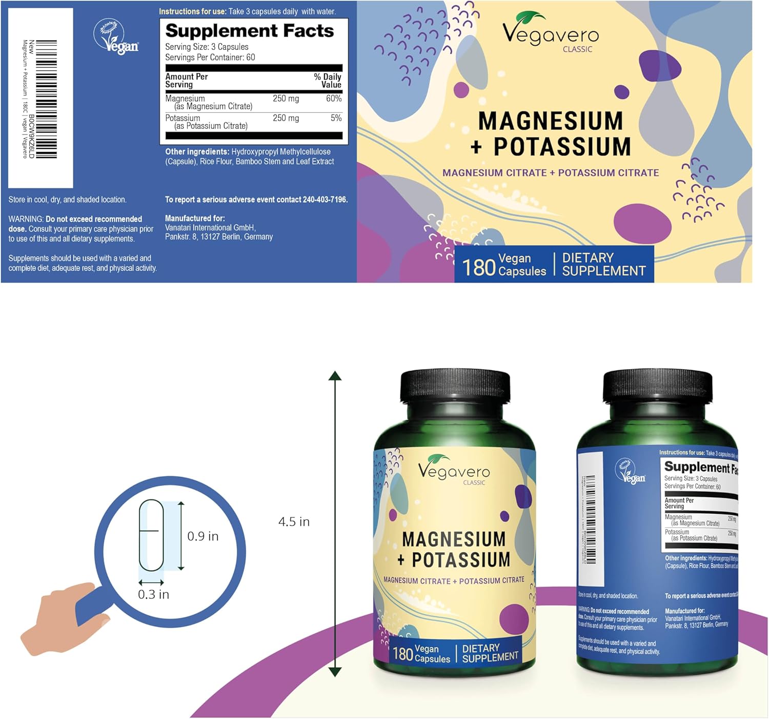 Buy Vegavero Potassium (250 Mg) Magnesium (250 Mg) Citrates | Highly Bioavailable Supplement | Blood Pressure, Nervous System, Nerve Support* | Lab-Tested, No Artificial Additives | 180 Capsules | Vegan On  Free Shipping On Qualified Orders