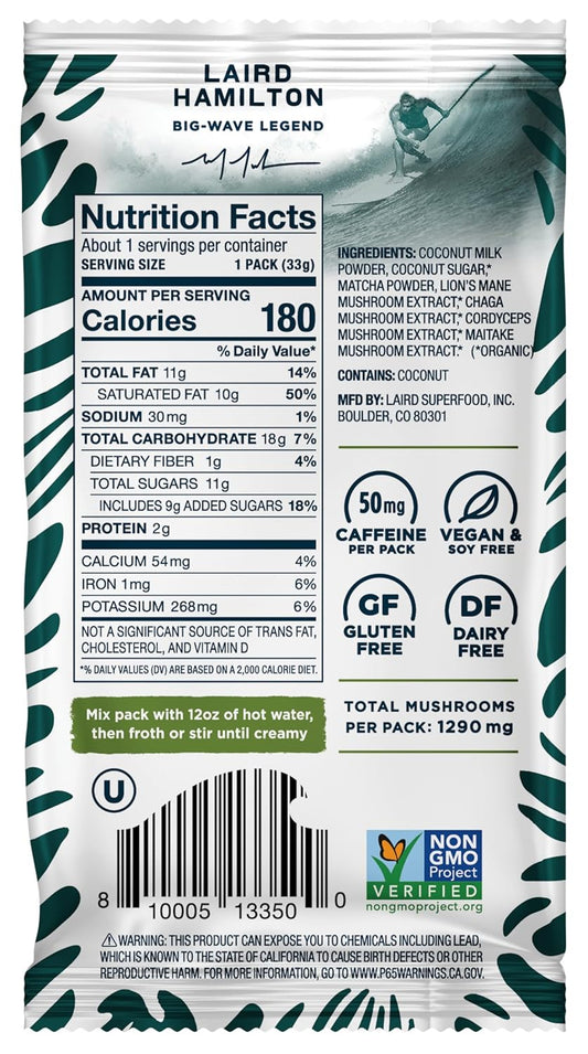 Laird Superfood Instant Latte Matcha, Non-Dairy, Superfood Creamer, Gluten Free, Non-Gmo, Vegan, 15Pk Sachets