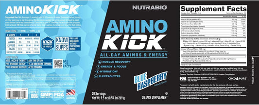 Nutrabio Amino Kick – Bcaa Powder With Natural Caffeine – Amino Acids Supplement For Energy, Hydration & Recovery – Bcaas, Electrolytes & Amino Acids – Orange Mango, 30 Servings