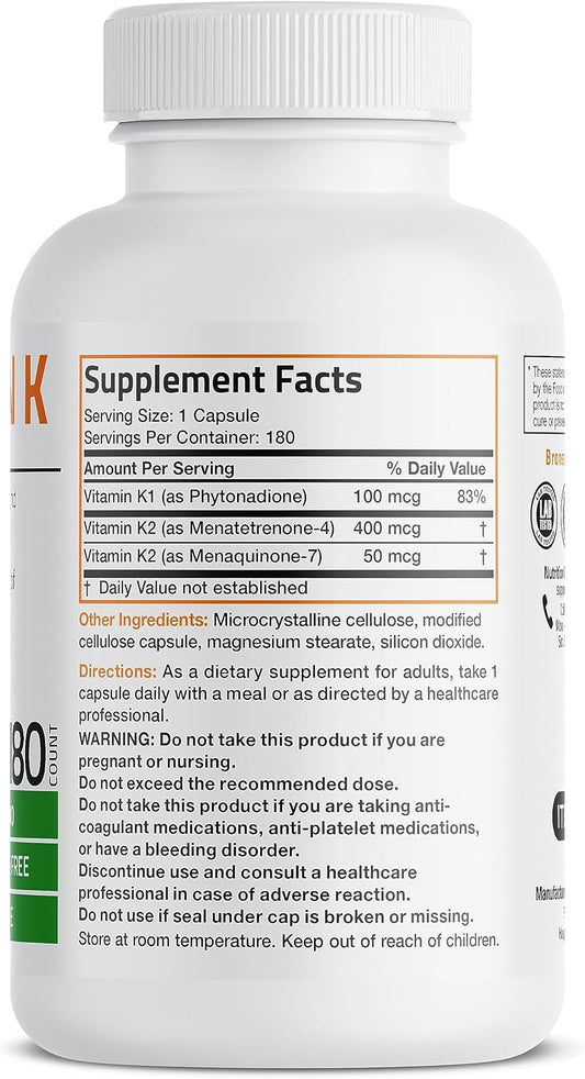 Vitamin K Triple Play (Vitamin K2 Mk7 / Vitamin K2 Mk4 / Vitamin K1) Full Spectrum Complex Vitamin K Supplement, 180 Capsules