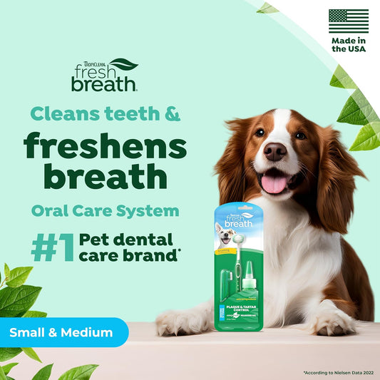 TropiClean Fresh Breath Dog Teeth Cleaning Oral Care Kit - Breath Freshener Dental Care - Complete Dog Toothbrush Kit Small to Medium Dogs - Helps Remove Plaque & Tartar, Small to Medium Dogs, 59ml?FBOCK2Z-SM