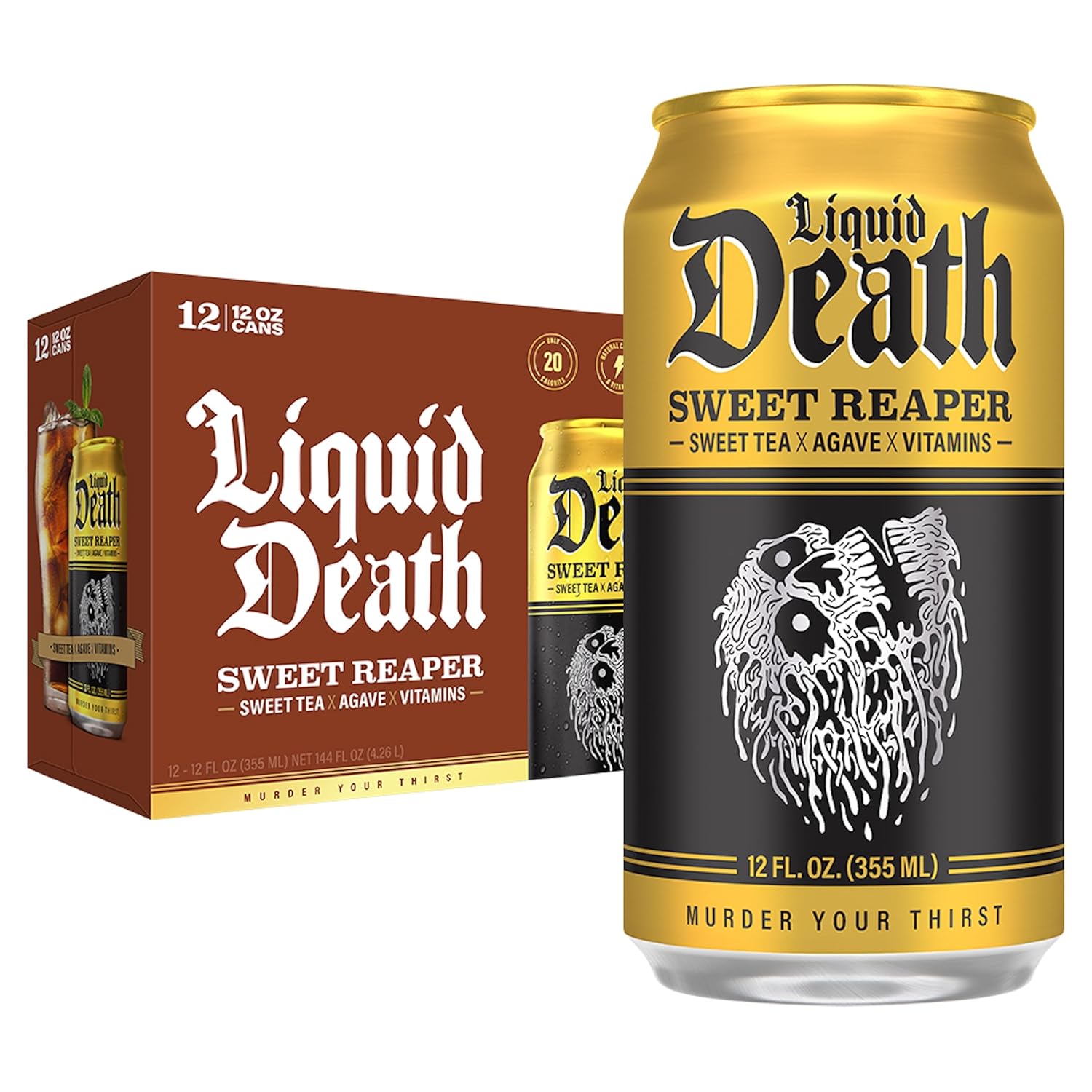 Liquid Death, Sweet Reaper Iced Tea, 12-Pack (12 Oz Cans), Southern Style Sweet Tea, Low Calorie, No Artificial Sweeteners, B Vitamins