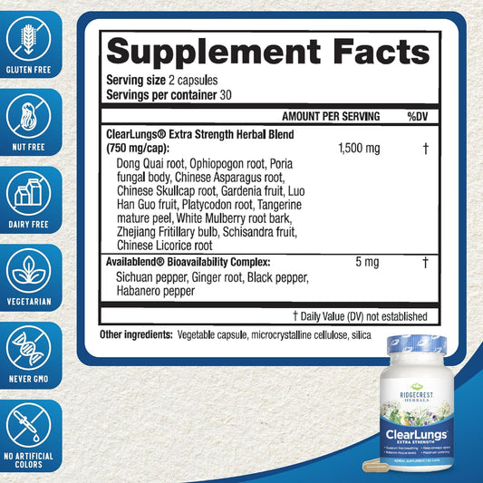 RIDGECREST HERBALS Clearlungs Extra Strength New 60 Capsules, 0.02 Pound