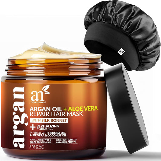 Artnaturals Argan Hair Mask Conditioner + Satin Bonnet Set - (8 Oz/226g) - Deep Conditioning Treatment - Jojoba Oil, Aloe & Keratin - Repair Dry, Damaged, Color Treated, Hair Growth - Sulfate Free : Beauty & Personal Care