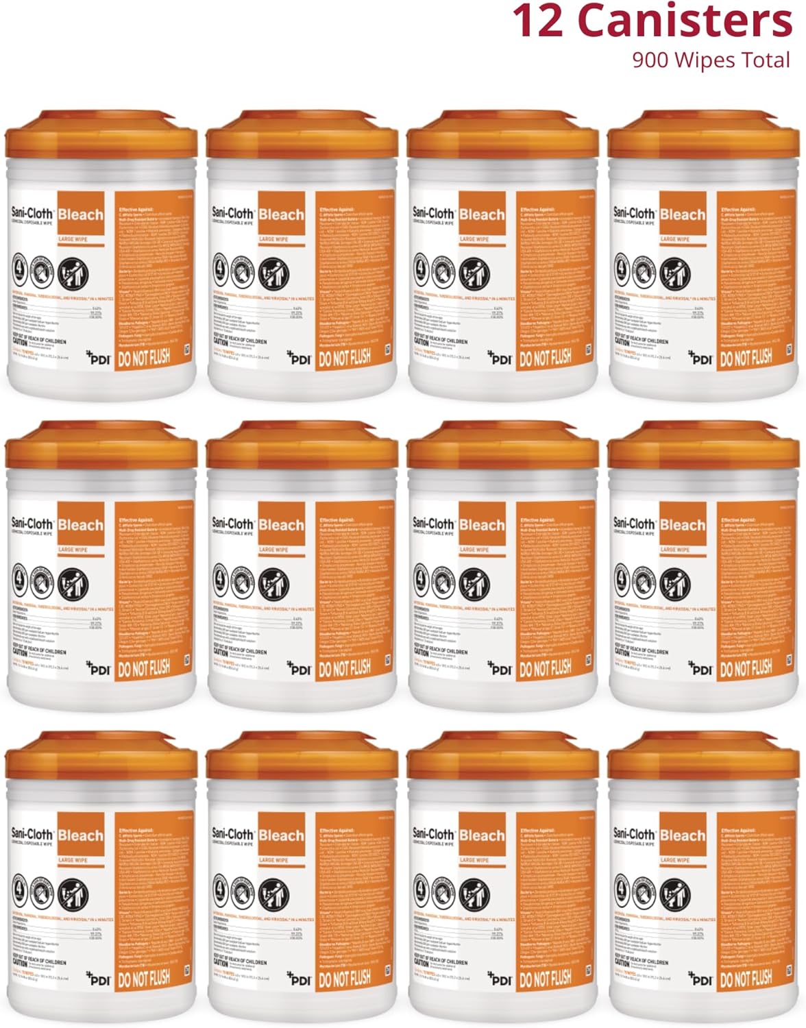 Sani-Cloth Bleach Disposable Wipes, Full Case, Hospital-Grade Surface Disinfecting Wipes For Healthcare And Bathroom, Large Wipe, 6" X 10.5", 75 Wipes Per Canister, 12 Canisters Total, 900 Total Wipes : Health & Household