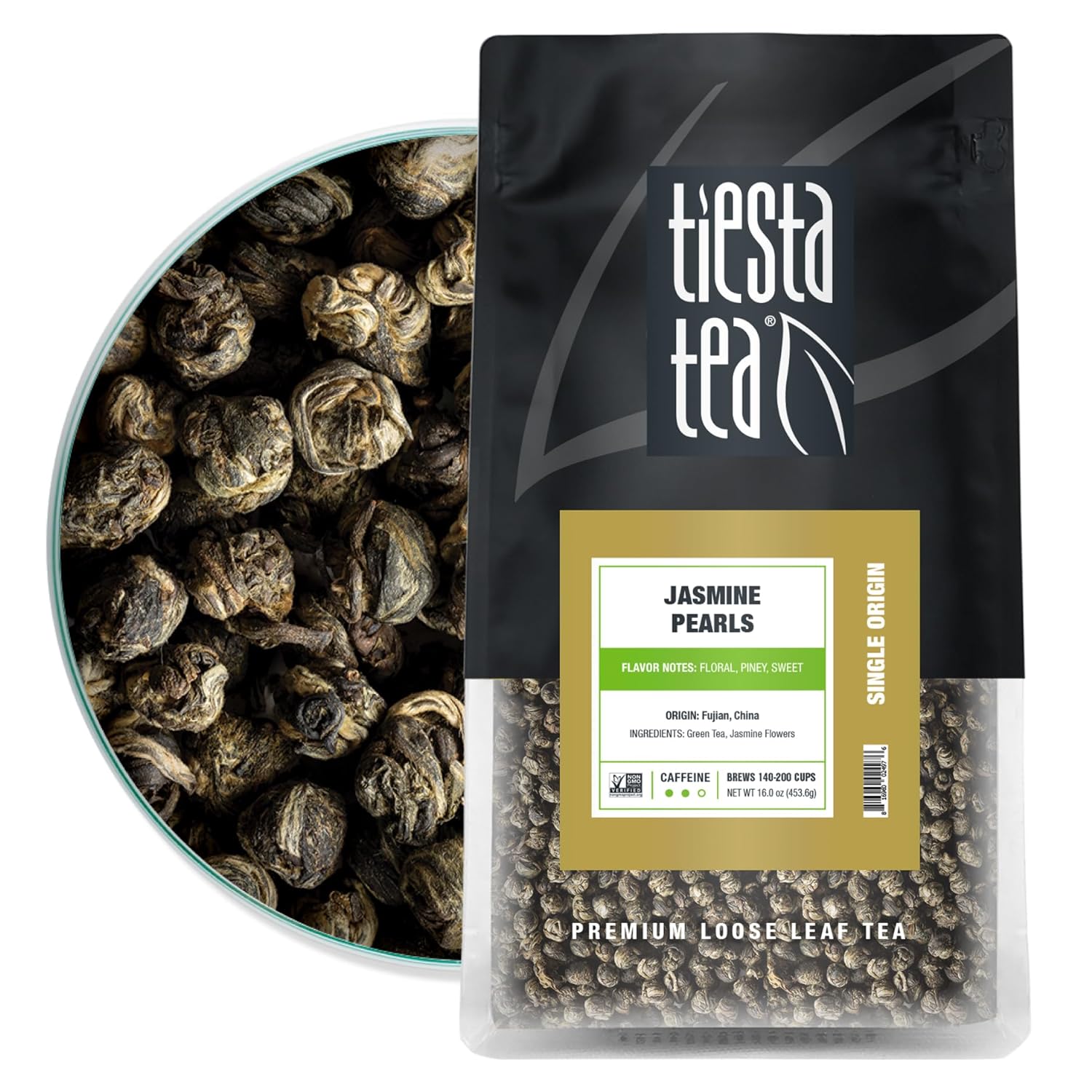 Tiesta Tea - Jasmine Pearls Green Tea | Single Origin Premium Jasmine Loose Leaf From China | 100% Pure Unblended Medium Caffeinated Tea | Hot Or Iced Tea & Up To 200 Cups - 16Oz Resealable Bulk Pouch