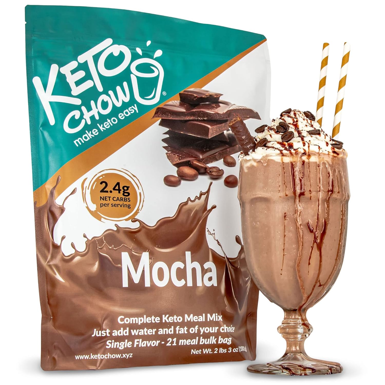 Keto Chow Mocha | Keto Meal Replacement Shake | Nutritionally Complete | Low Carb | Delicious Easy Meal Substitute | You Choose The Fat | 21 Meal Bulk Pack