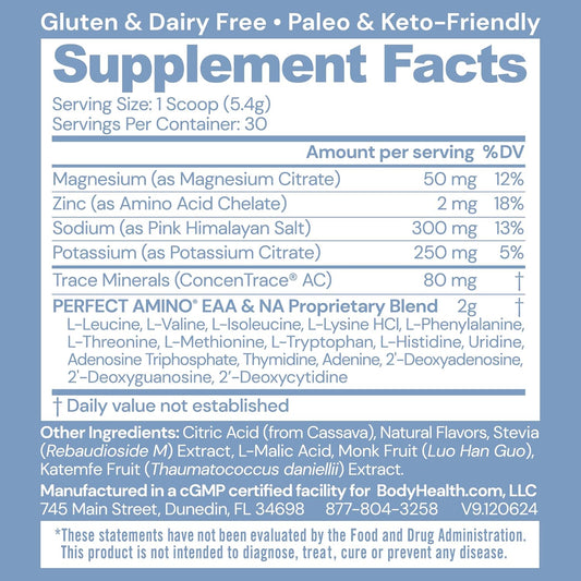 Bodyhealth Perfectamino Electrolytes Powder No Sugar, Keto Sugar Free Fasting Electrolytes Drink Mix, Hydration Powder With Trace Minerals - Orange - 60 Servings
