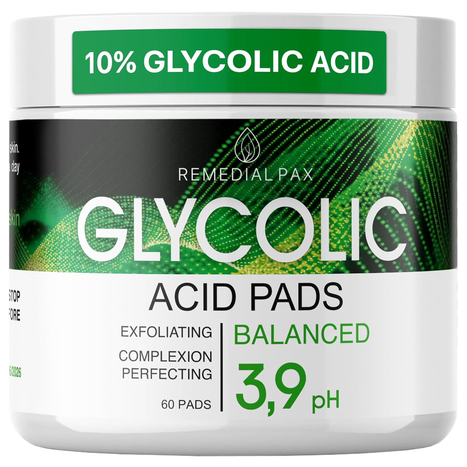 Glycolic Acid Resurfacing Pads 10% for Face and Body - Exfoliating Facial Peel - Vitamins B5 C E, Green Tea - Glycolic Acid Face Wash – 60 Pre-Moistened Cotton Pads for Face Cleansing and Peeling