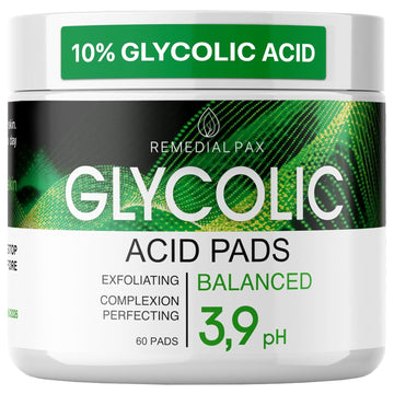 Glycolic Acid Resurfacing Pads 10% for Face and Body - Exfoliating Facial Peel - Vitamins B5 C E, Green Tea - Glycolic Acid Face Wash – 60 Pre-Moistened Cotton Pads for Face Cleansing and Peeling