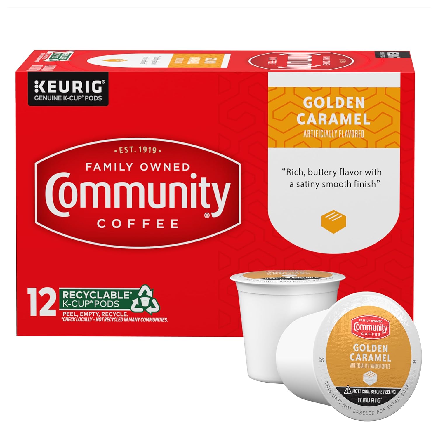 Community Coffee Golden Caramel Flavored Medium Roast Single Serve 12 Ct Box, Compatible With Keurig 2.0 K Cup Brewers, Medium Full Body Rich Creamy Taste, 100% Arabica Coffee Beans