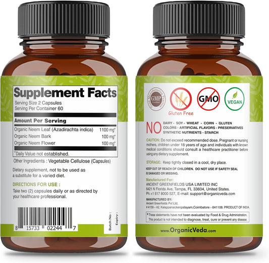 Organic Veda Neem Capsules, Triple Complex Neem Formula with Organic Neem Leaf Extract, Bark & Flower - Herbal Supplements for Clear Skin, Cleanse & Immunity - 120 Vegan Capsules