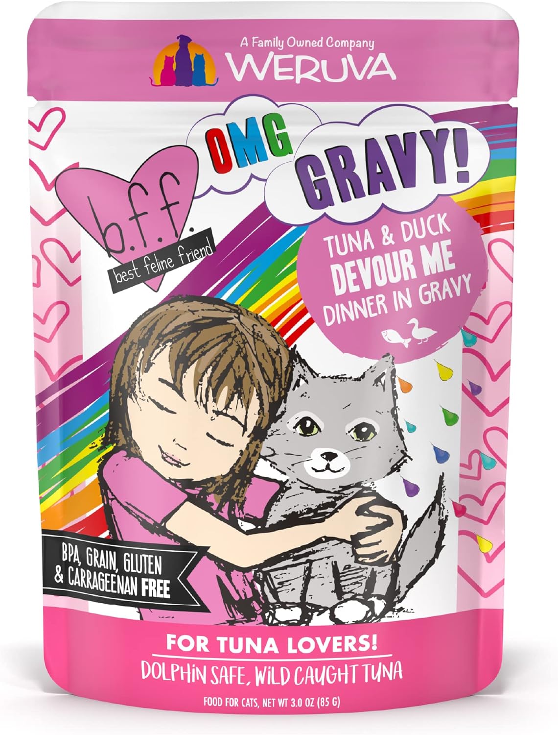 Weruva B.F.F. Omg - Best Feline Friend Oh My Gravy!, Tuna & Duck Devour Me With Tuna & Duck In Gravy Cat Food, 3Oz Pouch (Pack Of 12)