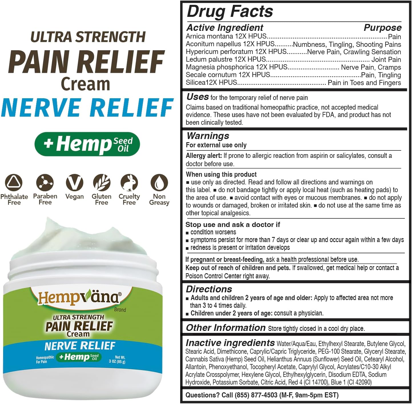 Hempvana Ultra-Strength Nerve Relief Cream with 100% Pure Hemp Seed Oil, As-Seen-On-TV, Fast-Acting for Irritated Nerves, Homeopathic, Targets Discomfort, Absorbs Quickly, Non-Greasy, 3 oz Jar : Health & Household