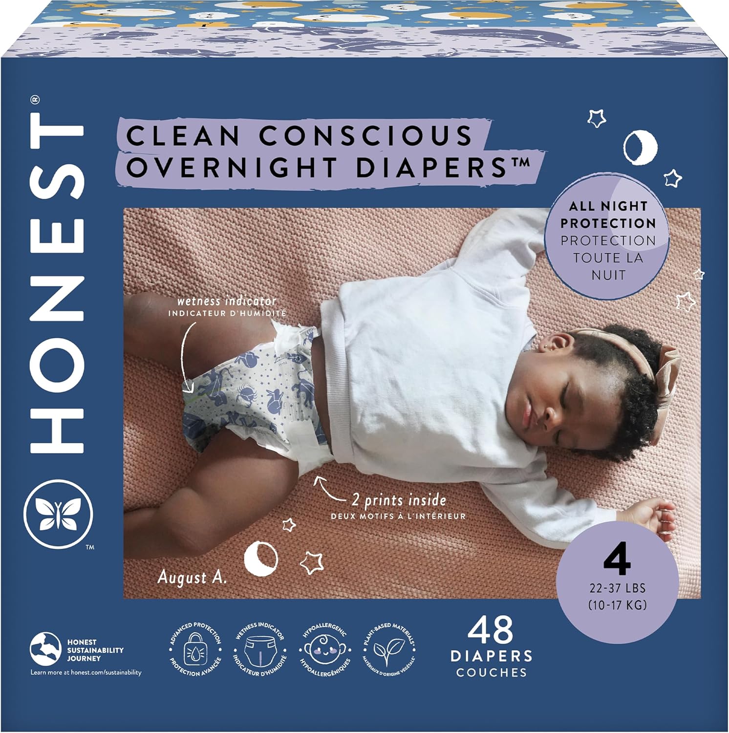 The Honest Company Clean Conscious Overnight Diapers | Plant-Based, Sustainable | Cozy Cloud + Star Signs | Club Box, Size 4 (22-37 Lbs), 48 Count