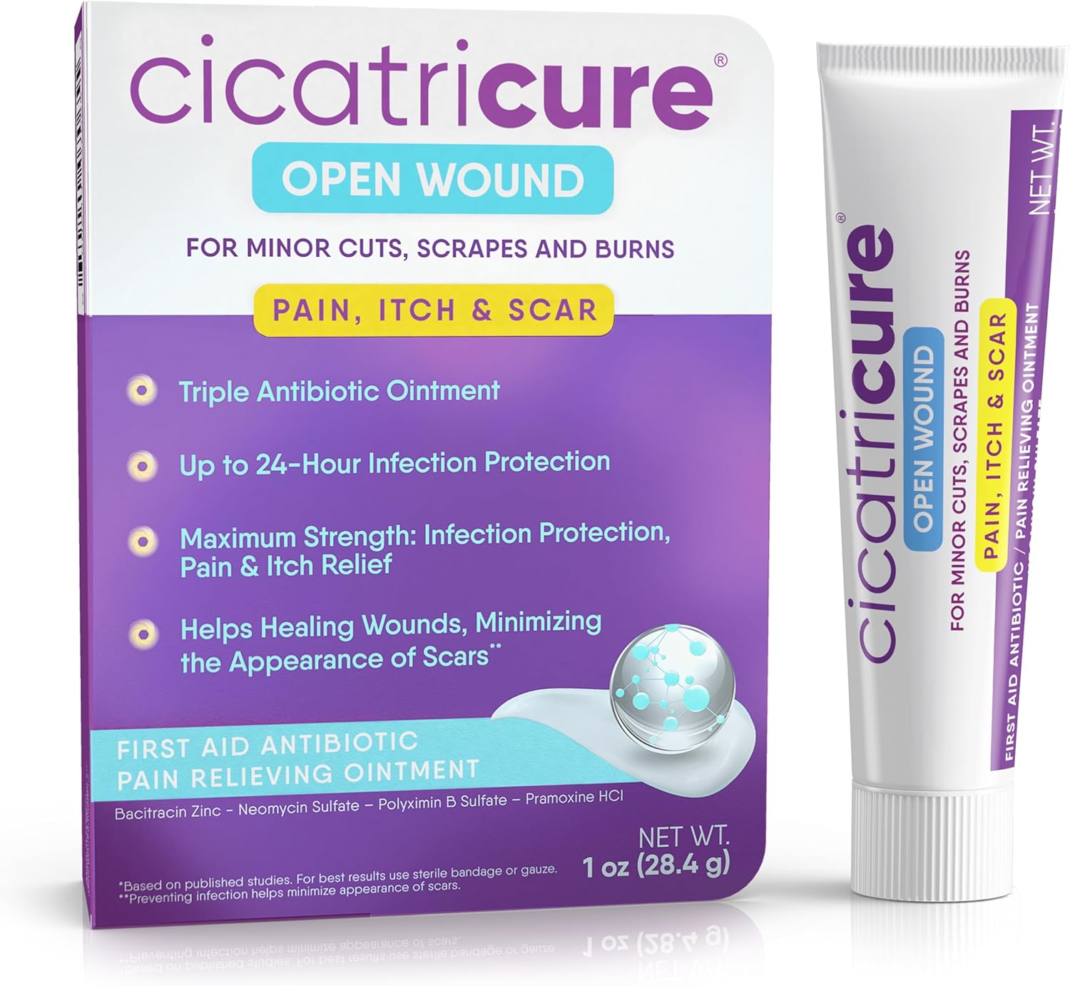 Cicatricure Triple Antibiotic Ointment With Pain Relief, Bacitracin Antibiotic Ointment & Cream For Wound Care, Healing Ointment For Cuts, Burns, Insect Bites, First Aid Supplies Essential, 1 Oz