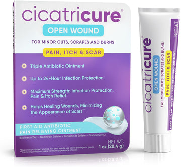 Cicatricure Triple Antibiotic Ointment With Pain Relief, Bacitracin Antibiotic Ointment & Cream For Wound Care, Healing Ointment For Cuts, Burns, Insect Bites, First Aid Supplies Essential, 1 Oz