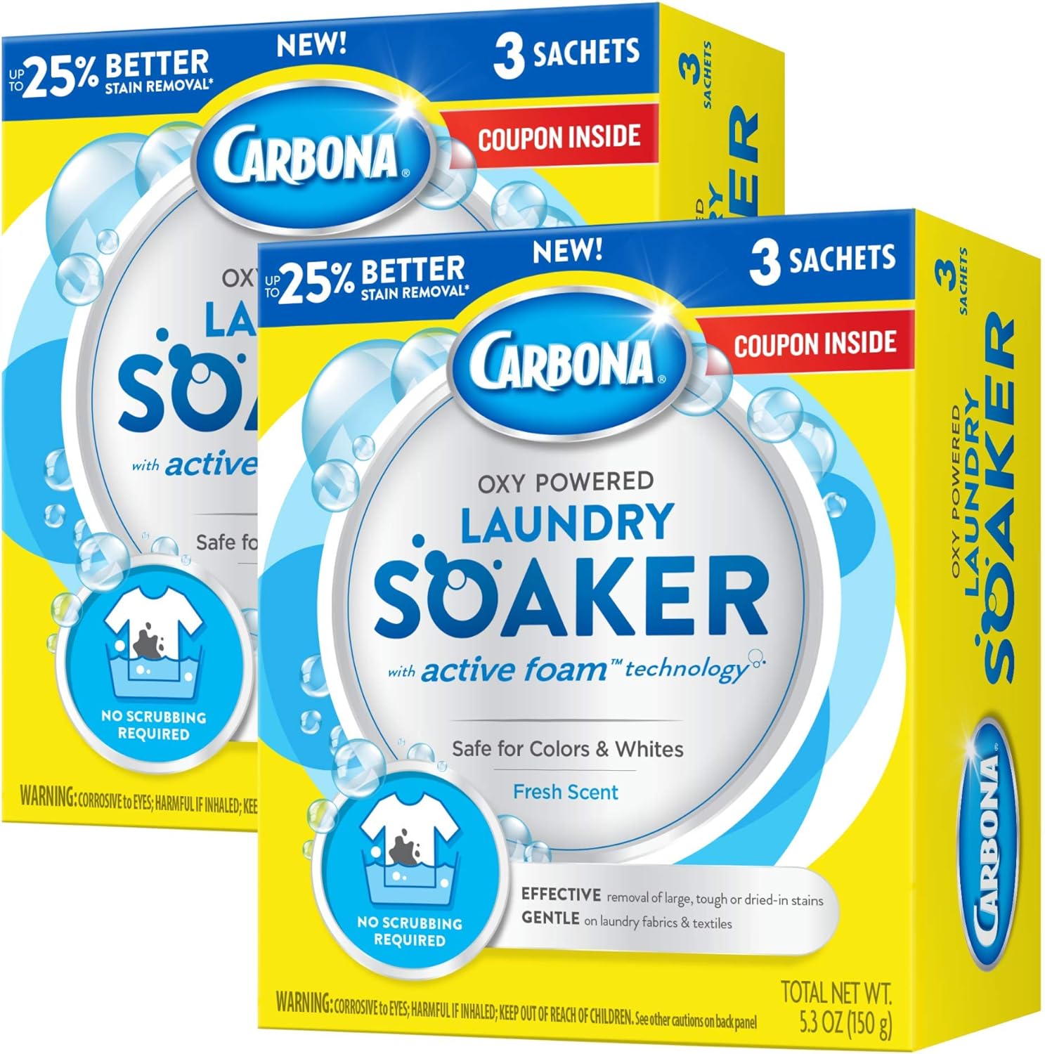 Carbona® Oxy Powered Laundry Soaker with Active Foam Technology | Powerful Stain Remover | Chlorine Bleach Free | Safe on Colors & Whites | 5.3 Oz, 2 Pack