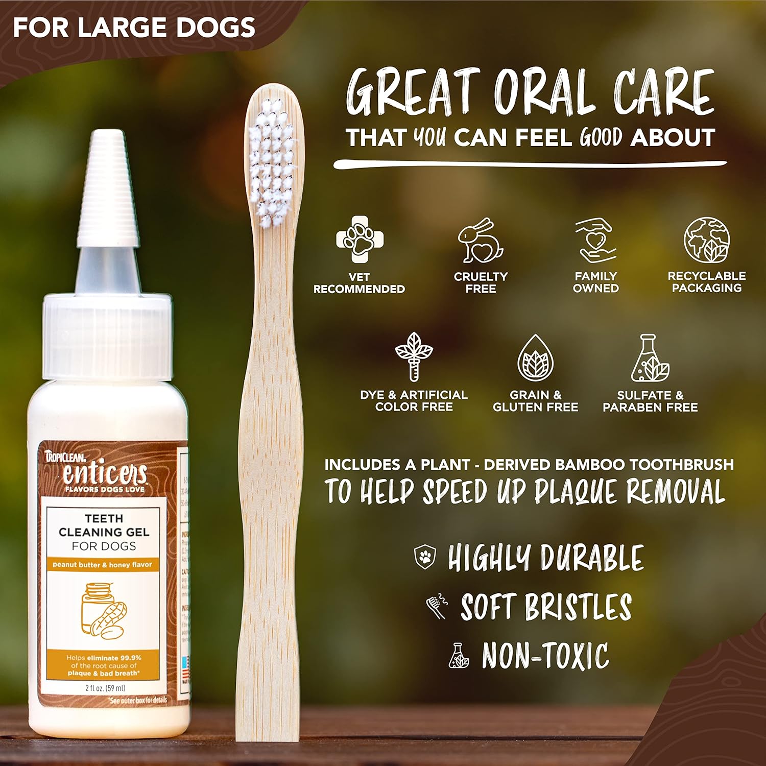 TropiClean Enticers Teeth Cleaning Gel & Toothbrush for Large Dogs - Peanut Butter & Honey Flavour, 59ml - Helps Remove The Source of Bad Breath and Plaque - Bamboo Brush Speeds Up Plaque Removal :Pet Supplies