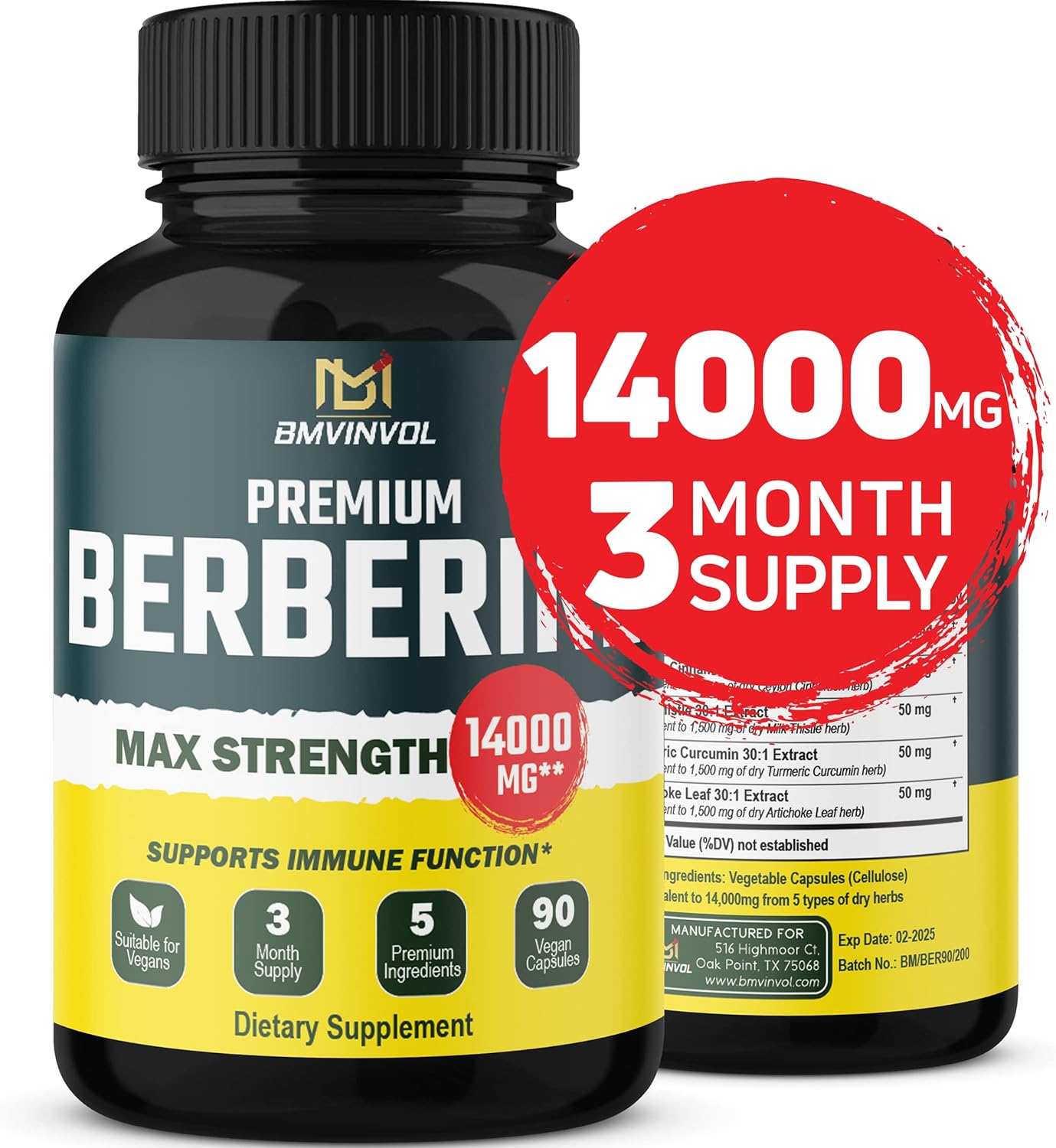 5-in-1 Berberine 14000mg with Ceylon Cinnamon Milk Thistle Turmeric Artichoke - 30:1 Concentrated Formula Berberine - 3 Month Supply For High Potency - Immune Heart Support