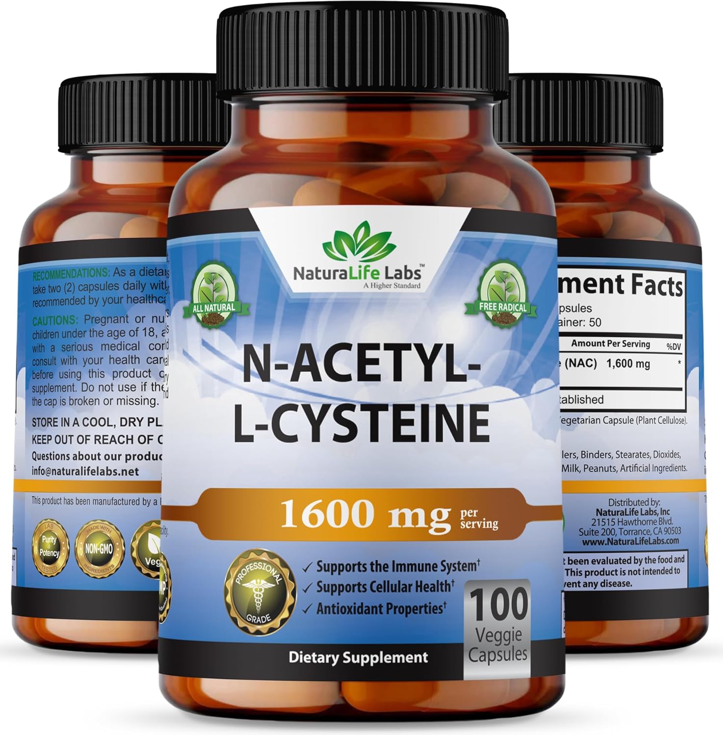 NaturaLife Labs A Higher Standard N-Acetyl-L-Cysteine (NAC) 1600 mg Lung Health & Immune Support, Liver Support & Antioxidants*, Free-Radicals, Free Form - 100 Veggie Capsules : Health & Household