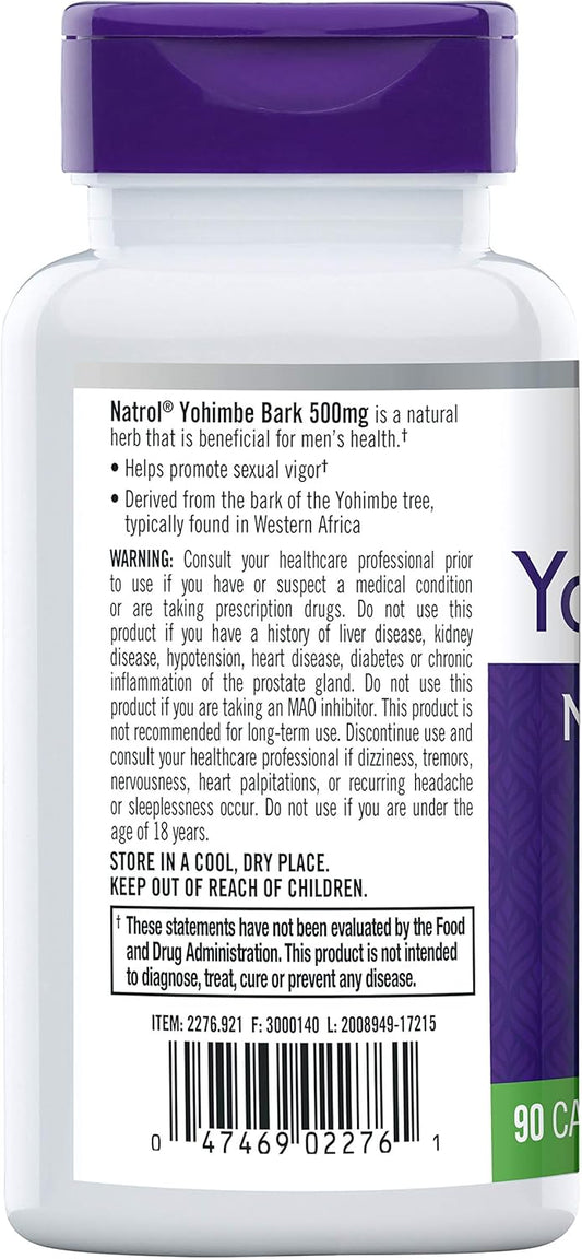 Natrol Yohimbe Bark 500mg, Men's Health, Capsules, 90ct (Pack of 12)