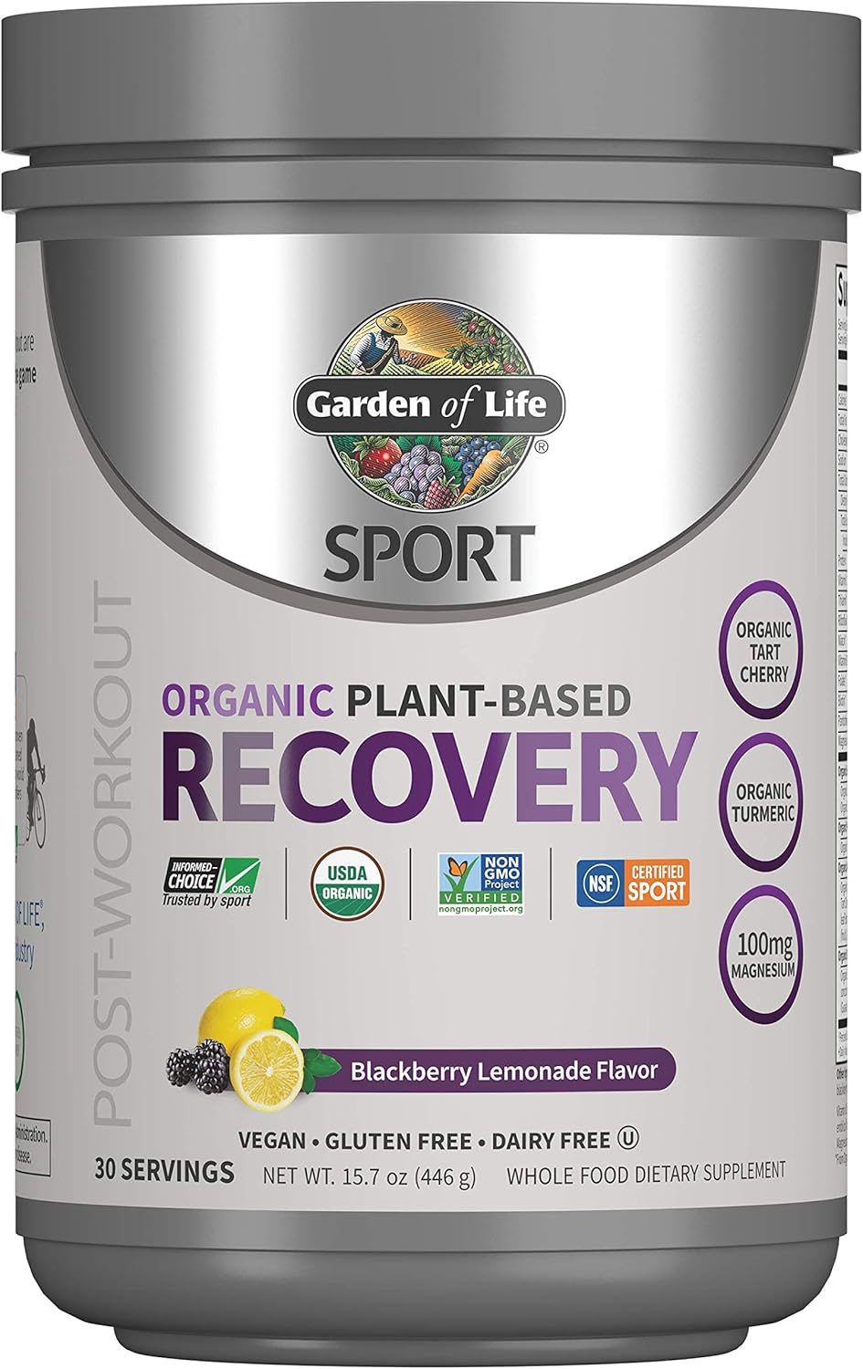 Garden Of Life Sport Vegan Organic Plant Based Post Workout Muscle Recovery Powder For Men & Women - Blackberry Lemonade 30 Servings, 100Mg Magnesium, Antioxidants, Supplements, 15.7 Oz