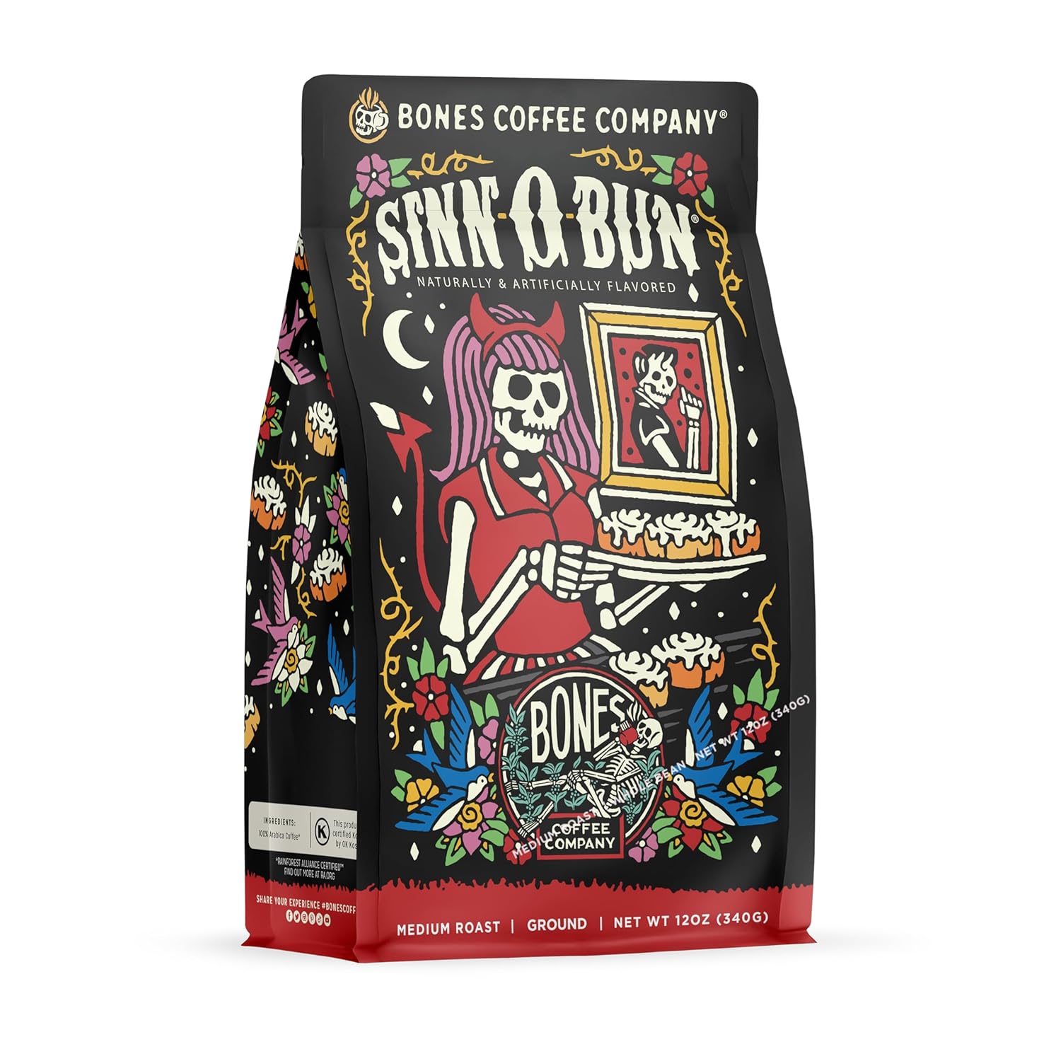 Bones Coffee Company Sinn 'O' Bun Ground Coffee Beans Cinnamon Roll Flavor | 12 oz Medium Roast Low Acid Coffee | Flavored Coffee Gifts & Beverages (Ground)