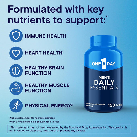One A Day Men’S Multivitamin Daily Essentials, Multivitamin For Men Tablet, Supports Healthy Muscle Function, Physical Energy, And Immune Health With Vitamin B12, Vitamin C, And Zinc, 150 Count