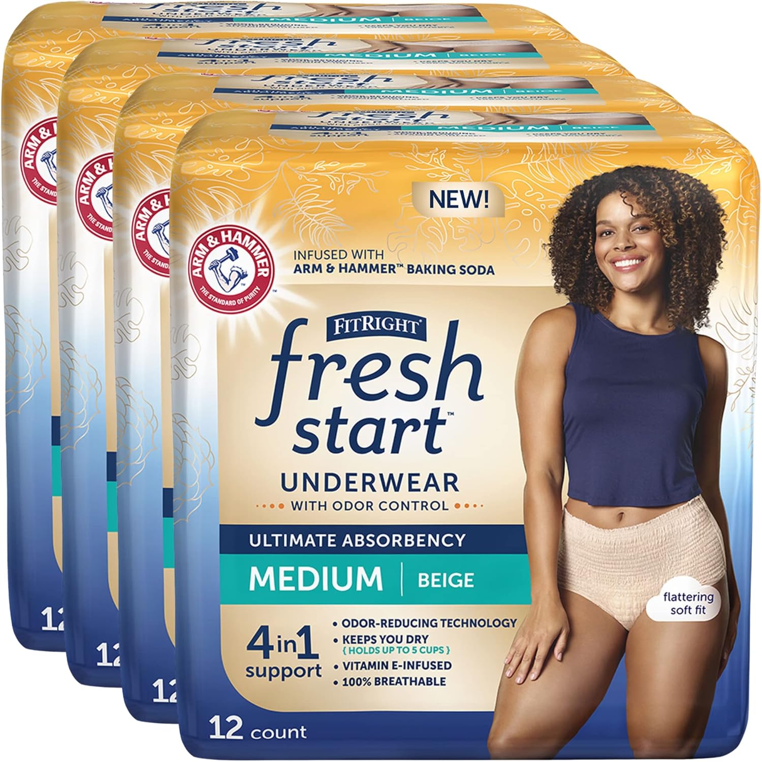 Fitright Fresh Start Incontinence And Postpartum Underwear For Women, Medium, Beige (48 Count) Ultimate Absorbency, Disposable Underwear With The Odor-Control Power Of Arm & Hammer