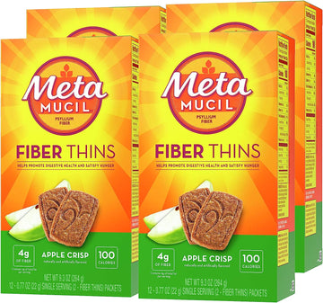 Metamucil, Fiber Thins, Daily Psyllium Husk Fiber Supplement, Supports Digestive Health and Satisfies Hunger, Apple Crisp Flavor, 4 Packs x 12 Servings (48 Total Servings)