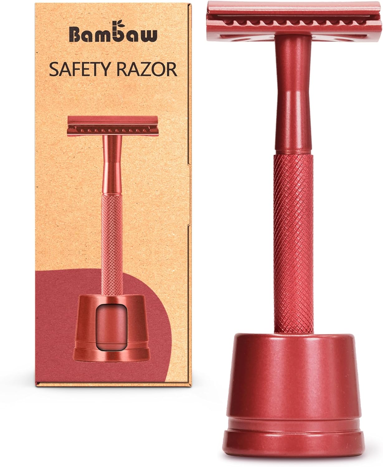 Metal Safety Razor With Stand | Red Shaving Razor | Bambaw