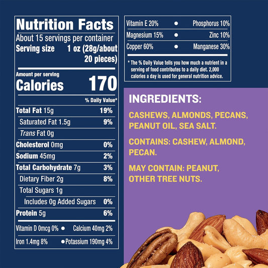 Planters Deluxe Cashews, Almonds & Pecans, Party Snacks, Plant-Based Protein, 15.25 Oz Canister