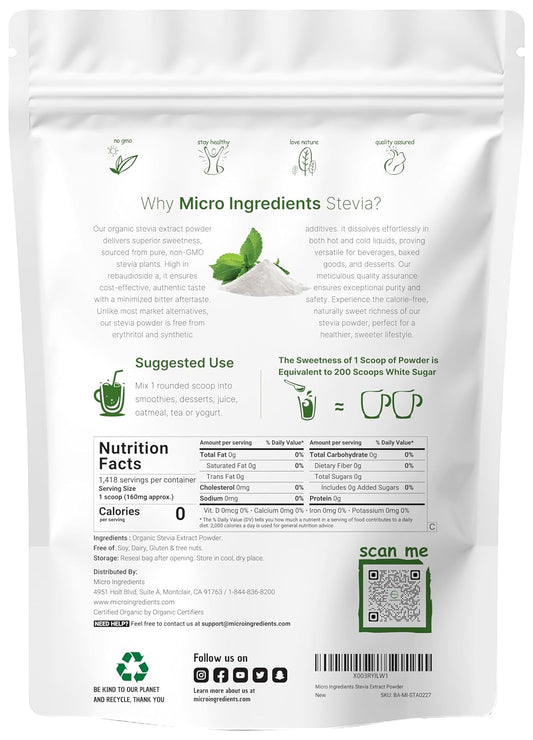 Pure Organic Stevia Powder, 8 Ounces, 1418 Serving, High Grade Stevia Green Leaf Extract Reb-A, Reduced Bitter Aftertaste, 0 Calorie, Natural Sweetener, Sugar Alternative, Keto Friendly