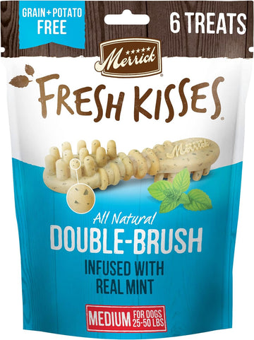 Merrick Fresh Kisses Natural Dental Chews Toothbrush Shape Treat Infused With Real Mint Medium Dogs - 6 ct. Bag