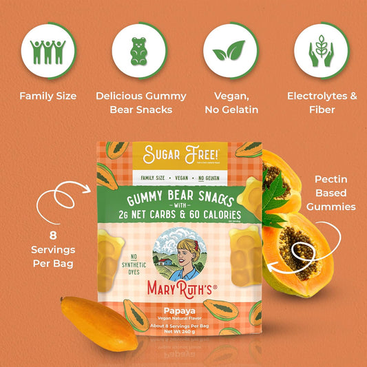 MaryRuth Organics Sugar Free Gummy Bears Snacks | Delicious Gummies Made with Organic Ingredients | Natural Papaya Fruit Flavor Gummy Candy | Vegan | Gluten Free | Non-GMO | 240g Family Size